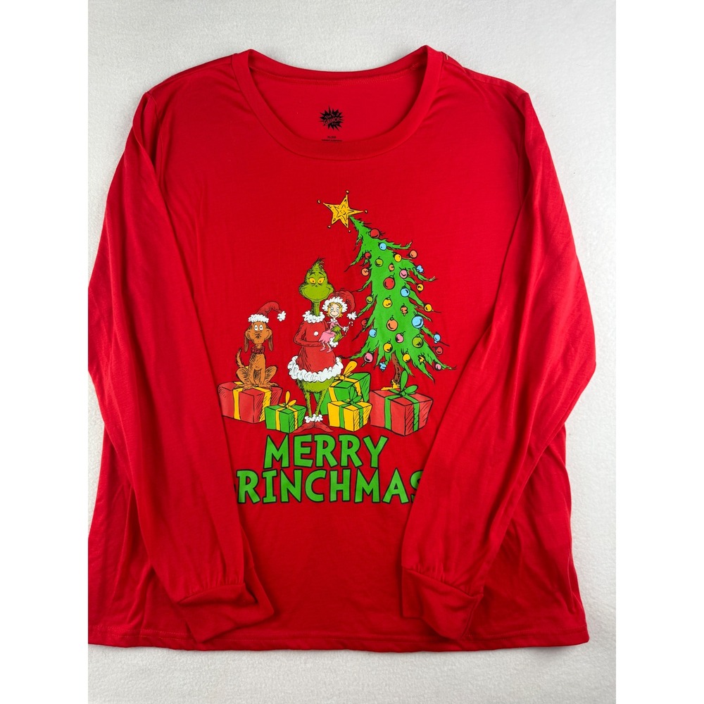 The Grinch Dr Seuss Merry Grinchmas Red Long Sleeve Pajama Sleep Shirt Womens XL